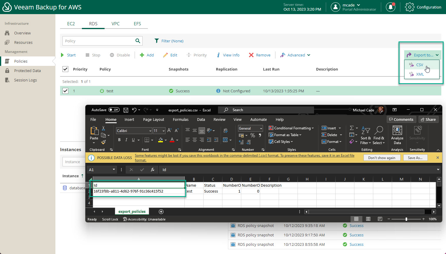 Veeam Backup for AWS Policy ID