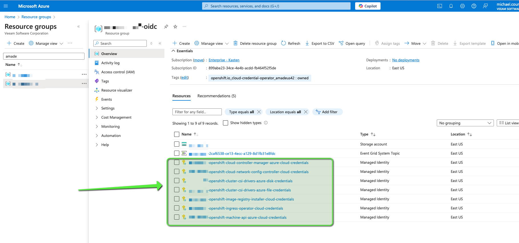 Managed identities use by Openshift