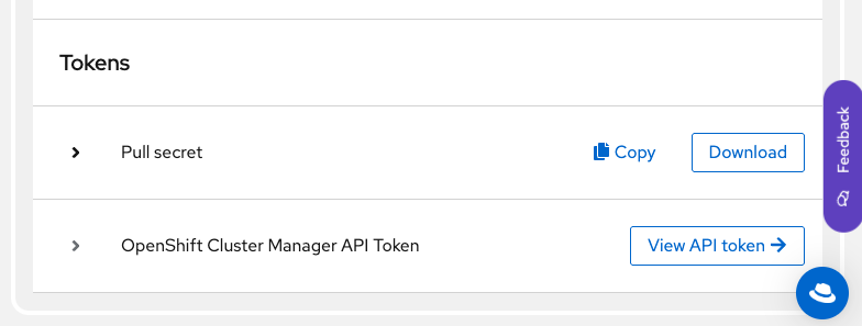 Token section in the redhat site