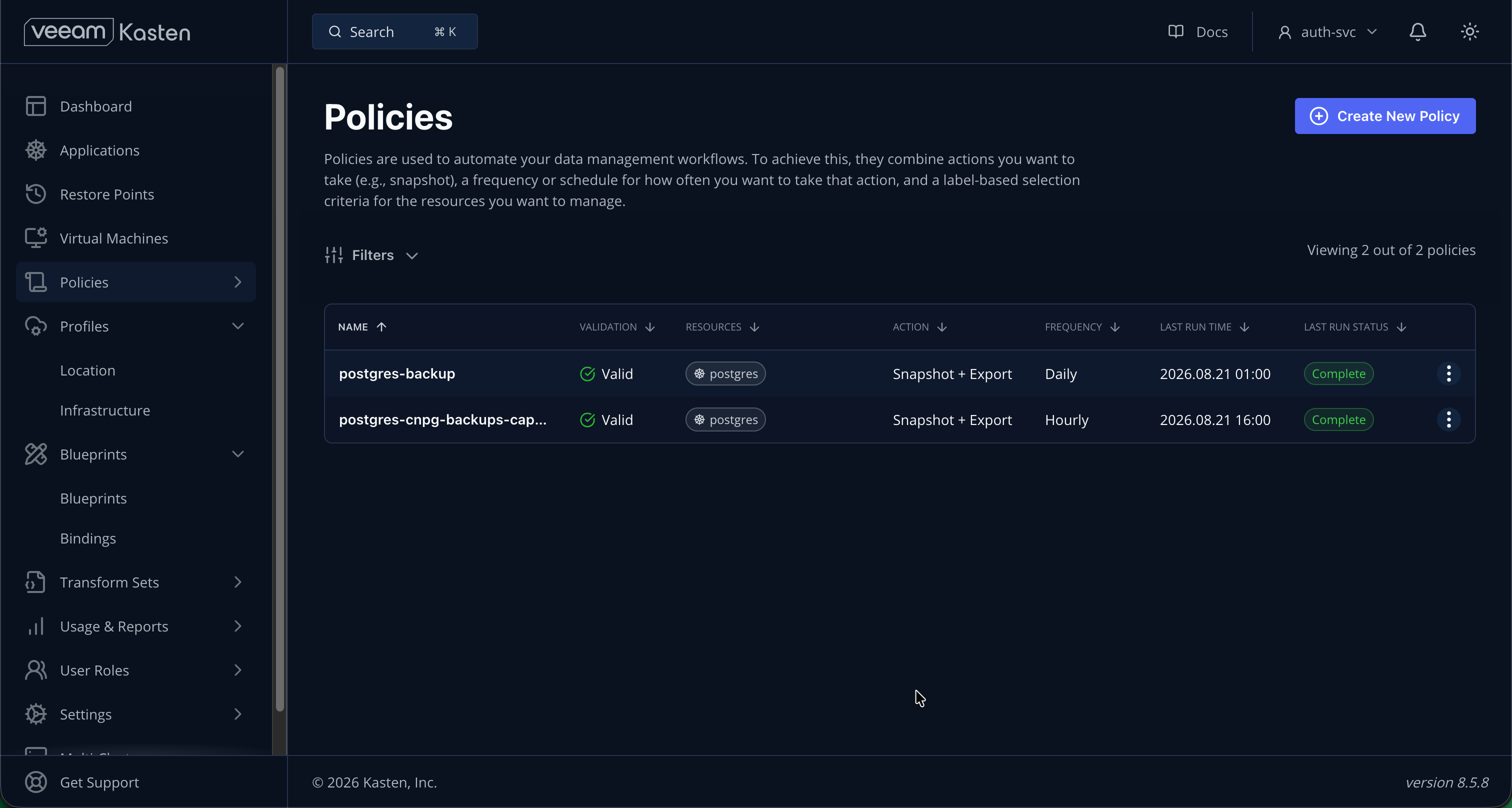 Kasten dashboard showing the two policies and a successful run