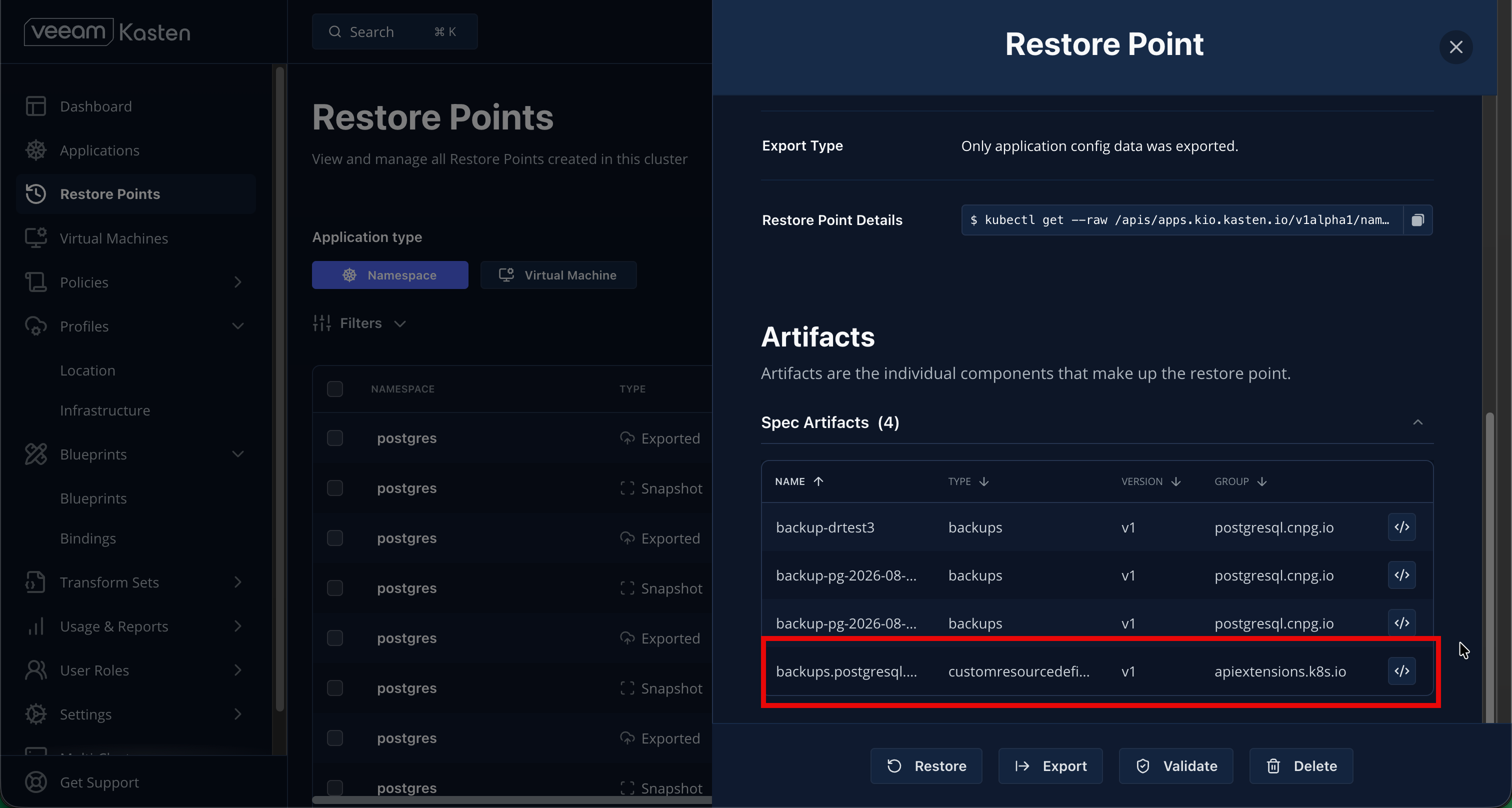 Kasten restore point expanded to show the captured CNPG Backup object