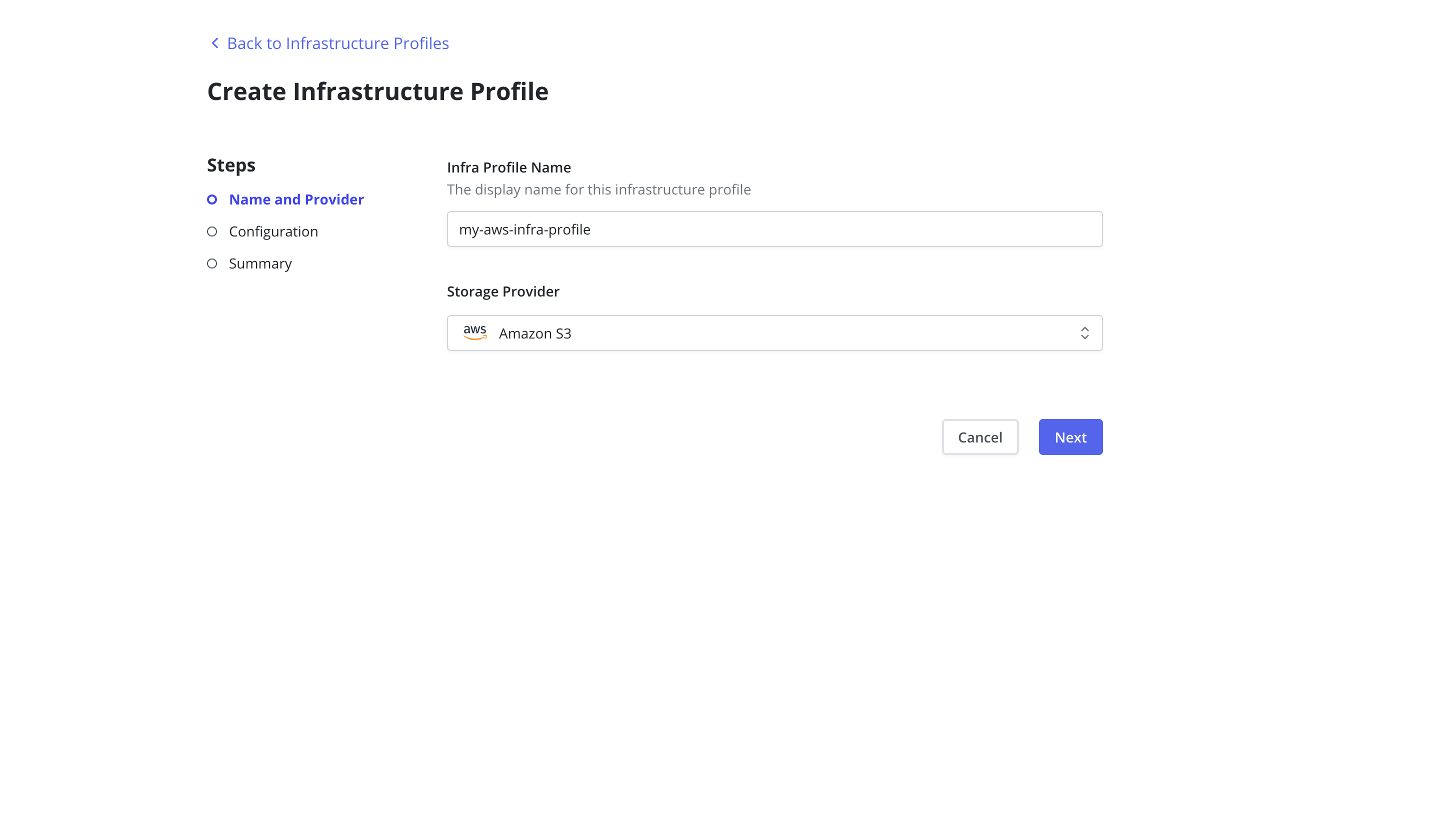 The Create Infrastructure Profile page in Veeam Kasten, on step one of three. A Steps list on the left shows Name and Provider highlighted, followed by Configuration and Summary. The form has an Infra Profile Name field containing my-aws-infra-profile, described as the display name for this infrastructure profile, and a Storage Provider dropdown set to Amazon S3. Cancel and Next buttons sit at the bottom right.