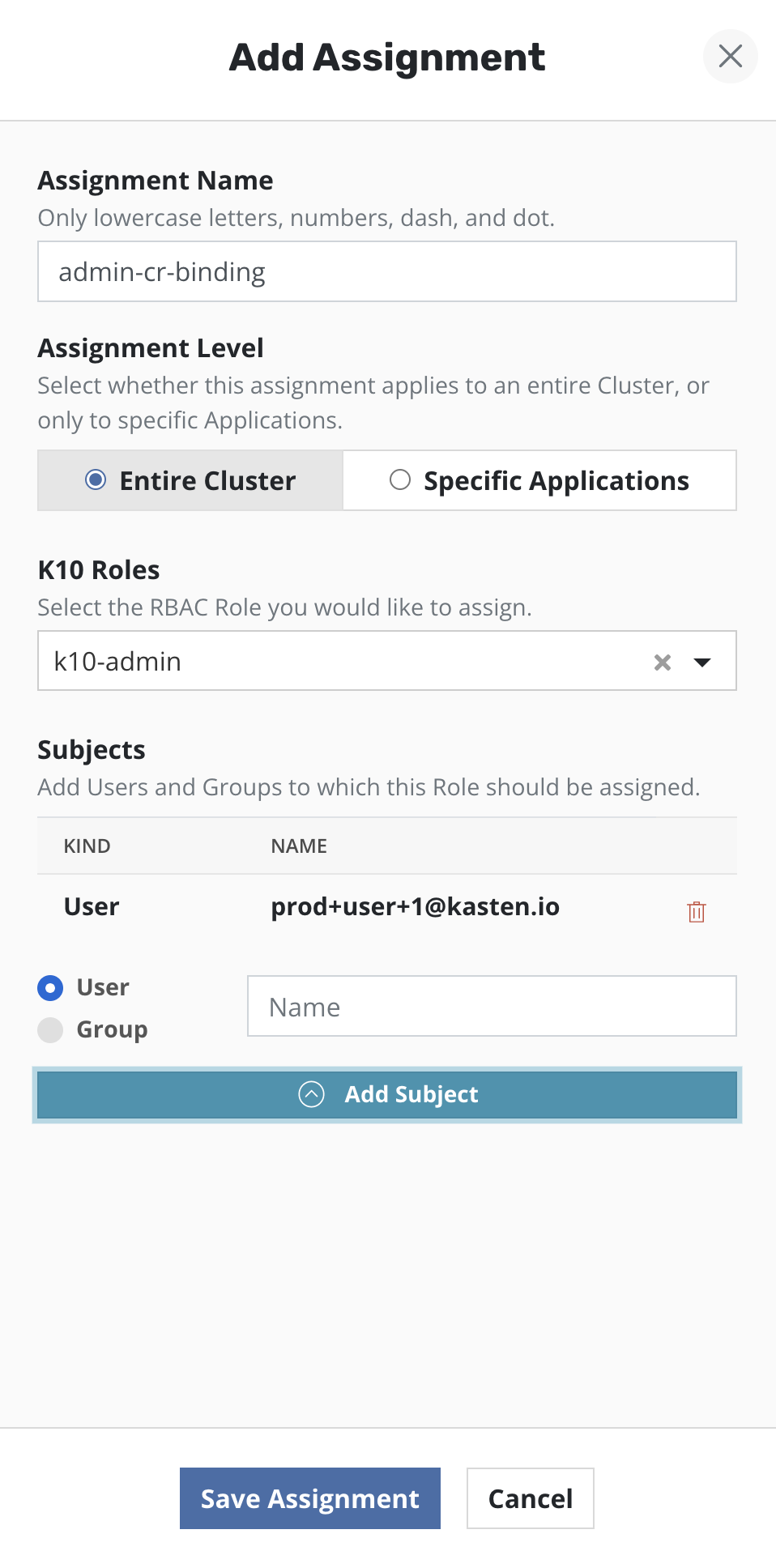 The Add Assignment dialog in the Veeam Kasten access control dashboard, named admin-cr-binding, with Assignment Level set to Entire Cluster, the role k10-admin selected, and one user listed as the subject.