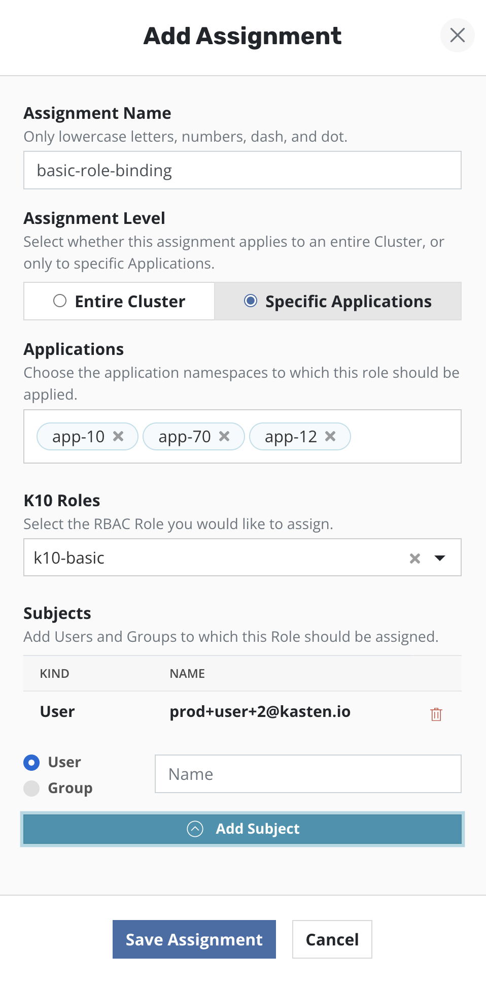 The same Add Assignment dialog, named basic-role-binding, with Assignment Level set to Specific Applications, three application namespaces listed, and the role k10-basic selected.