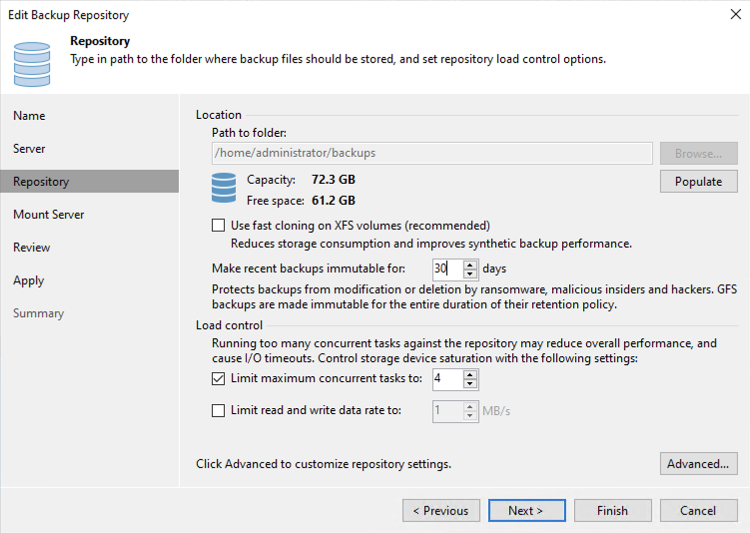 The Edit Backup Repository wizard in the Veeam Backup & Replication console, on its Repository step. It shows a path to the backup folder with capacity and free space, a fast cloning checkbox for XFS volumes, a setting to make recent backups immutable for a number of days, and load control options limiting concurrent tasks and data rate.
