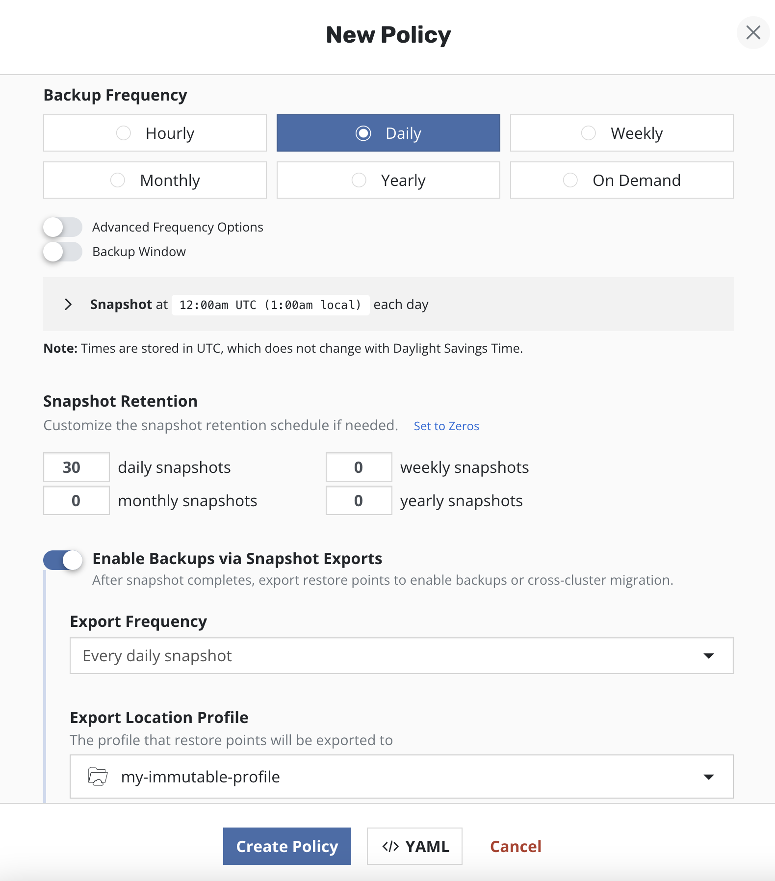 The Veeam Kasten New Policy dialog. Backup Frequency offers Hourly, Daily, Weekly, Monthly, Yearly and On Demand, with Daily selected; below it a Snapshot Retention block sets counts of daily, weekly, monthly and yearly snapshots; below that an Enable Backups via Snapshot Exports toggle is switched on, revealing an Export Frequency list and an Export Location Profile list with a profile selected.