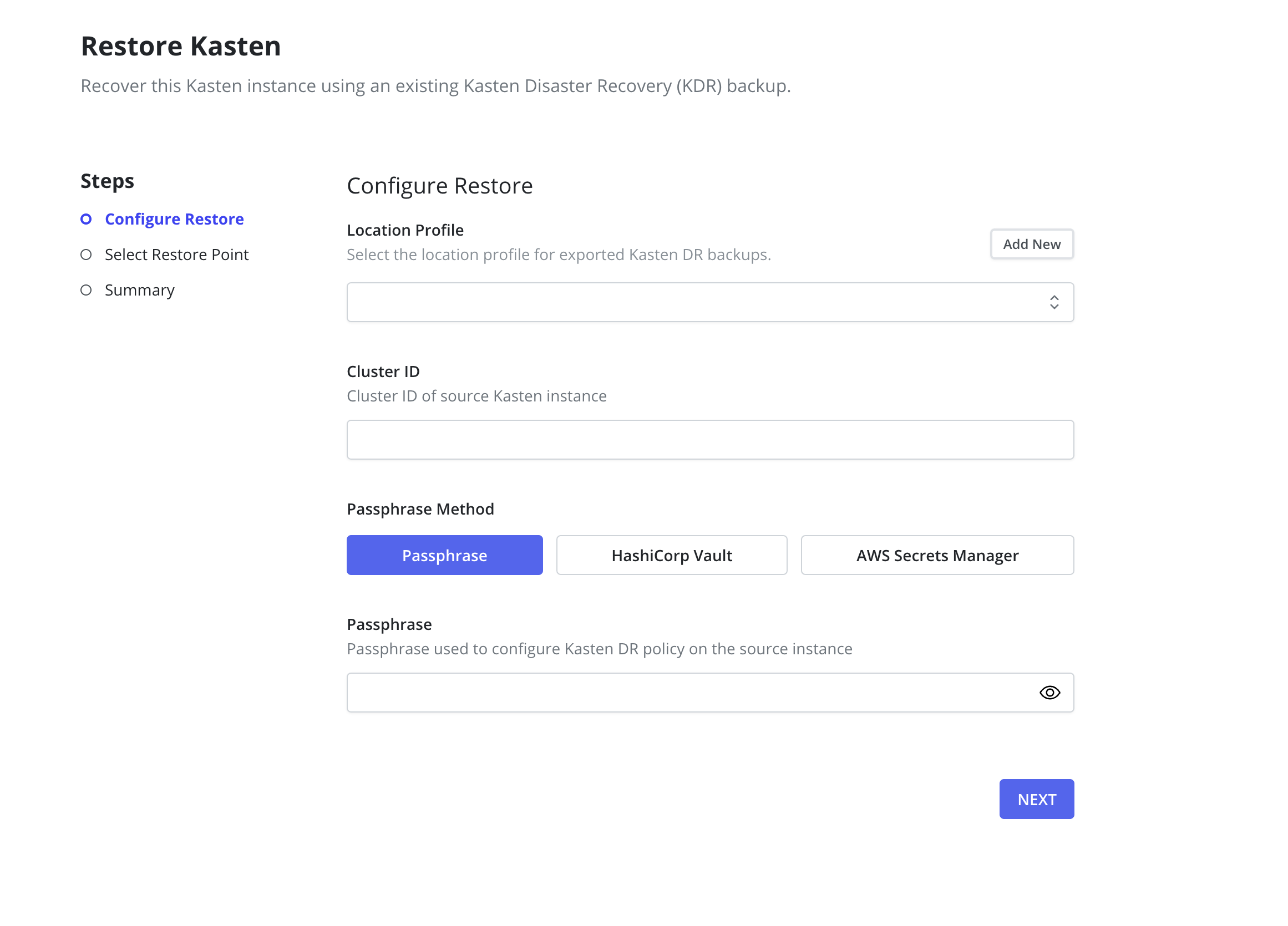 The Restore Kasten wizard in the Veeam Kasten dashboard at its Configure Restore step, with steps Configure Restore, Select Restore Point and Summary listed on the left, and fields for the location profile holding exported Kasten DR backups, the Cluster ID of the source Kasten instance, a Passphrase Method choice, and the passphrase used to configure the Kasten DR policy on the source instance